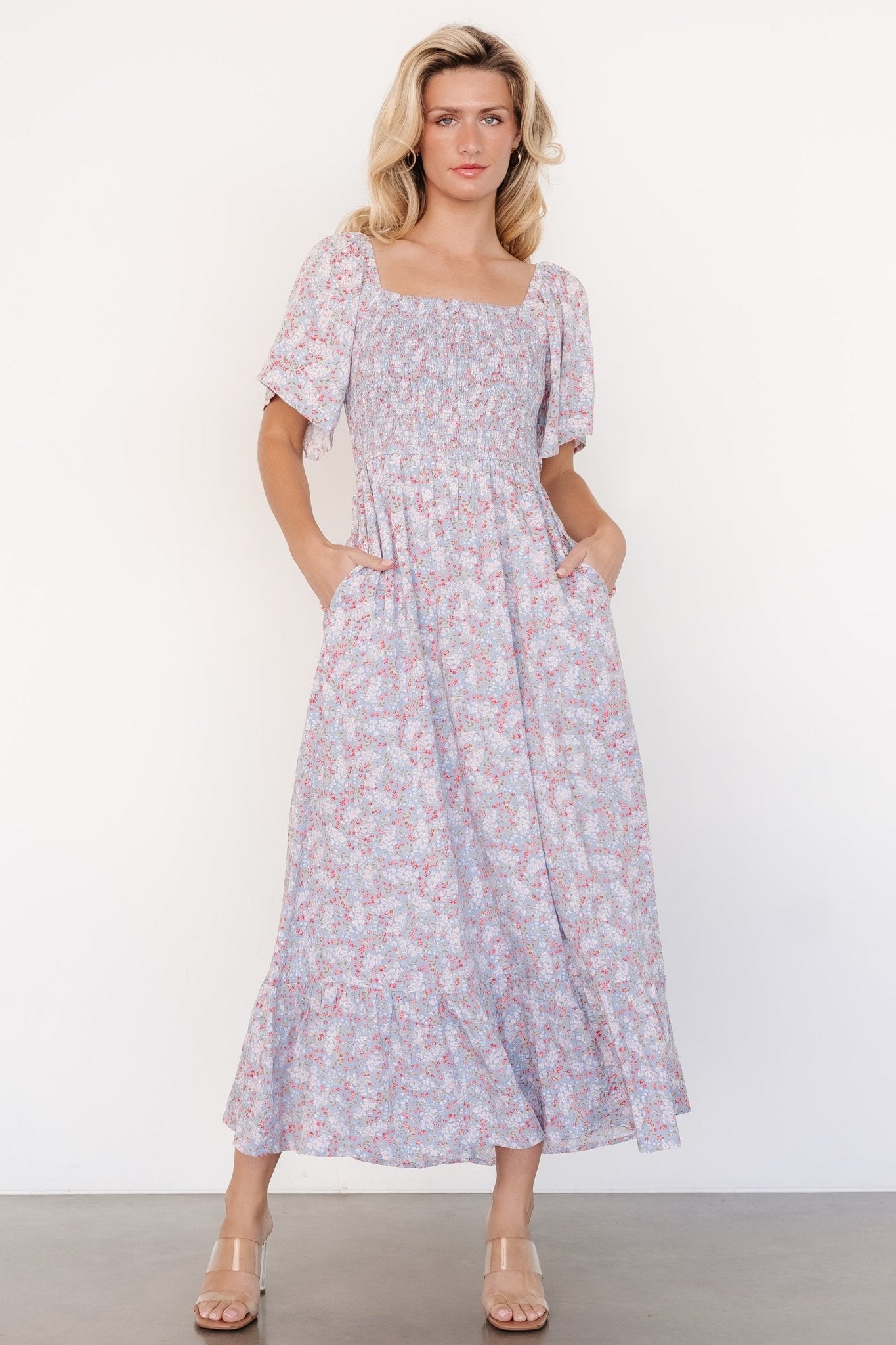 Lyssa Smocked Dress | Dusty Blue Floral Discount Explore