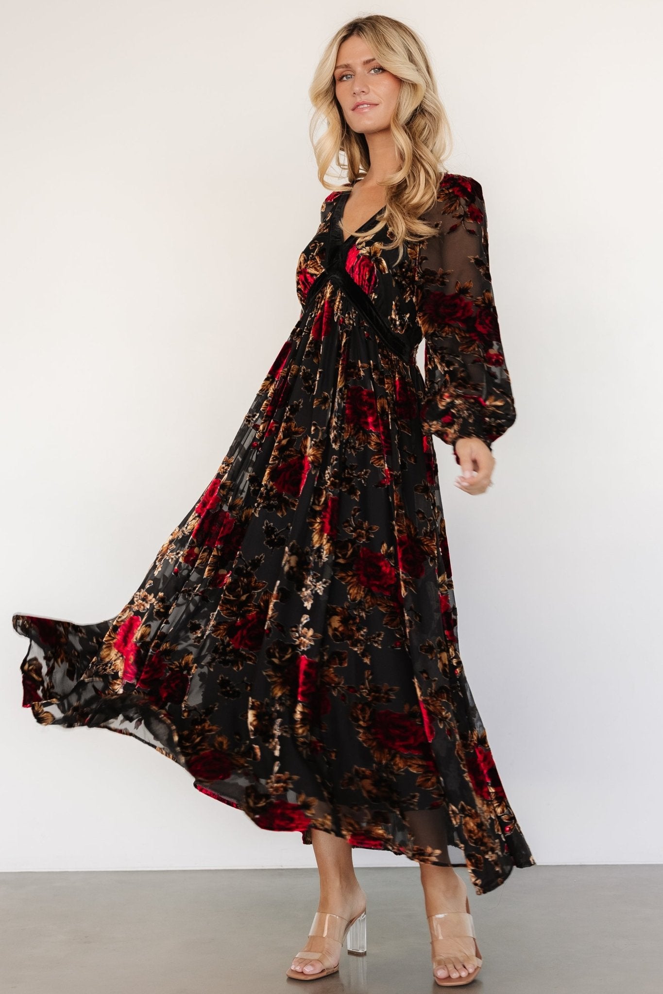 Adele Velvet Dress | Black + Rose Floral Cheap Sale Many Kinds Of