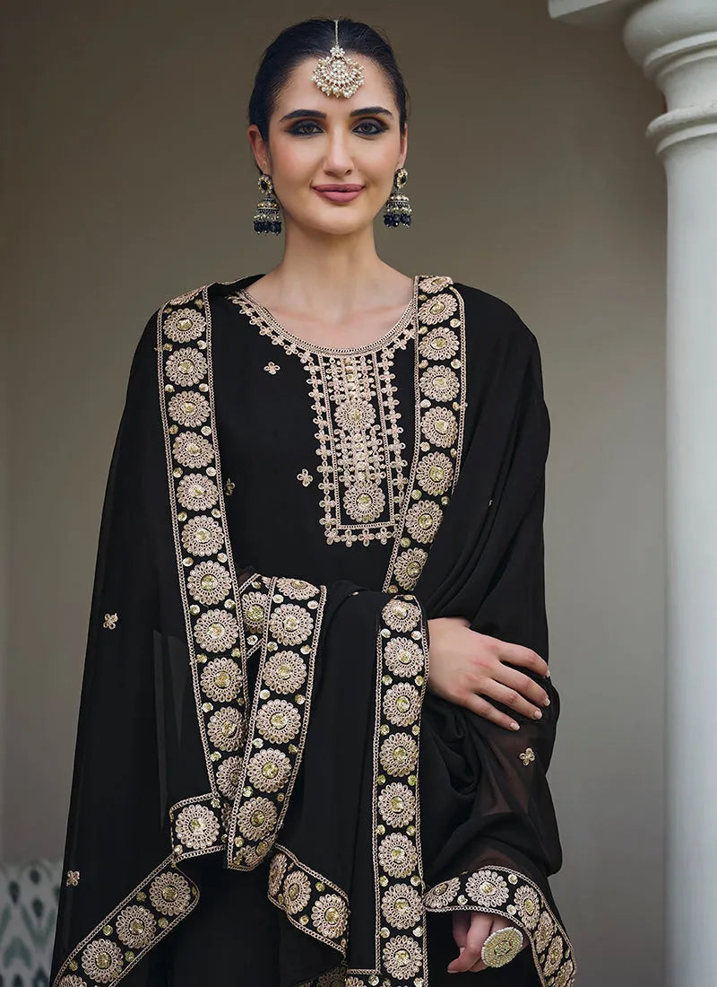 Classic Black Embroidered Georgette Palazzo Suit Cheap Sale Newest