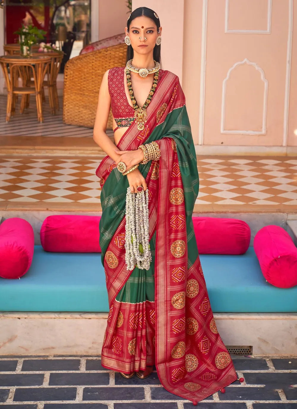 Classic Dark Green and Red Polyester Viscose Silk Saree with Foil Print Wide Range Of Cheap Pice