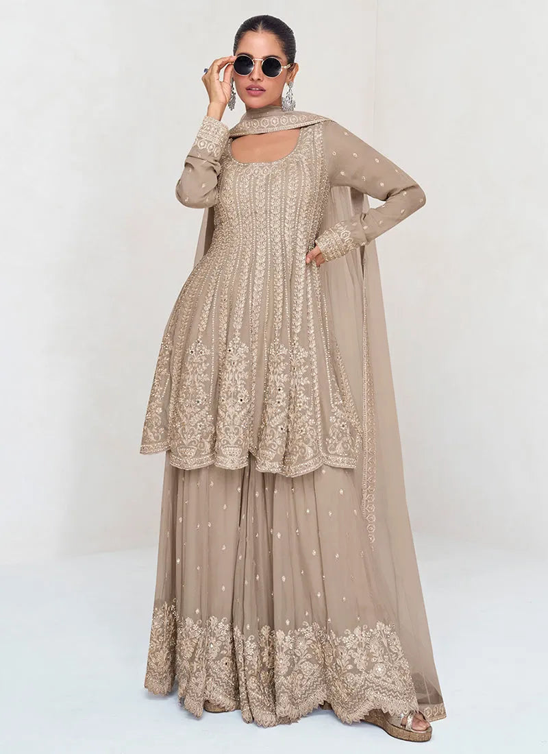 Passionate Beige Colored Embroidered Designer Sharara  Suit Discount Tumblr