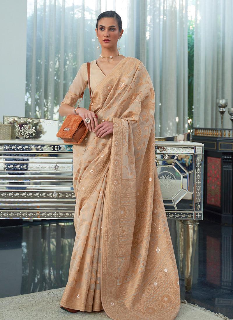 Silk Base Low Cut Neck Beige Saree For Nice Cheap Price