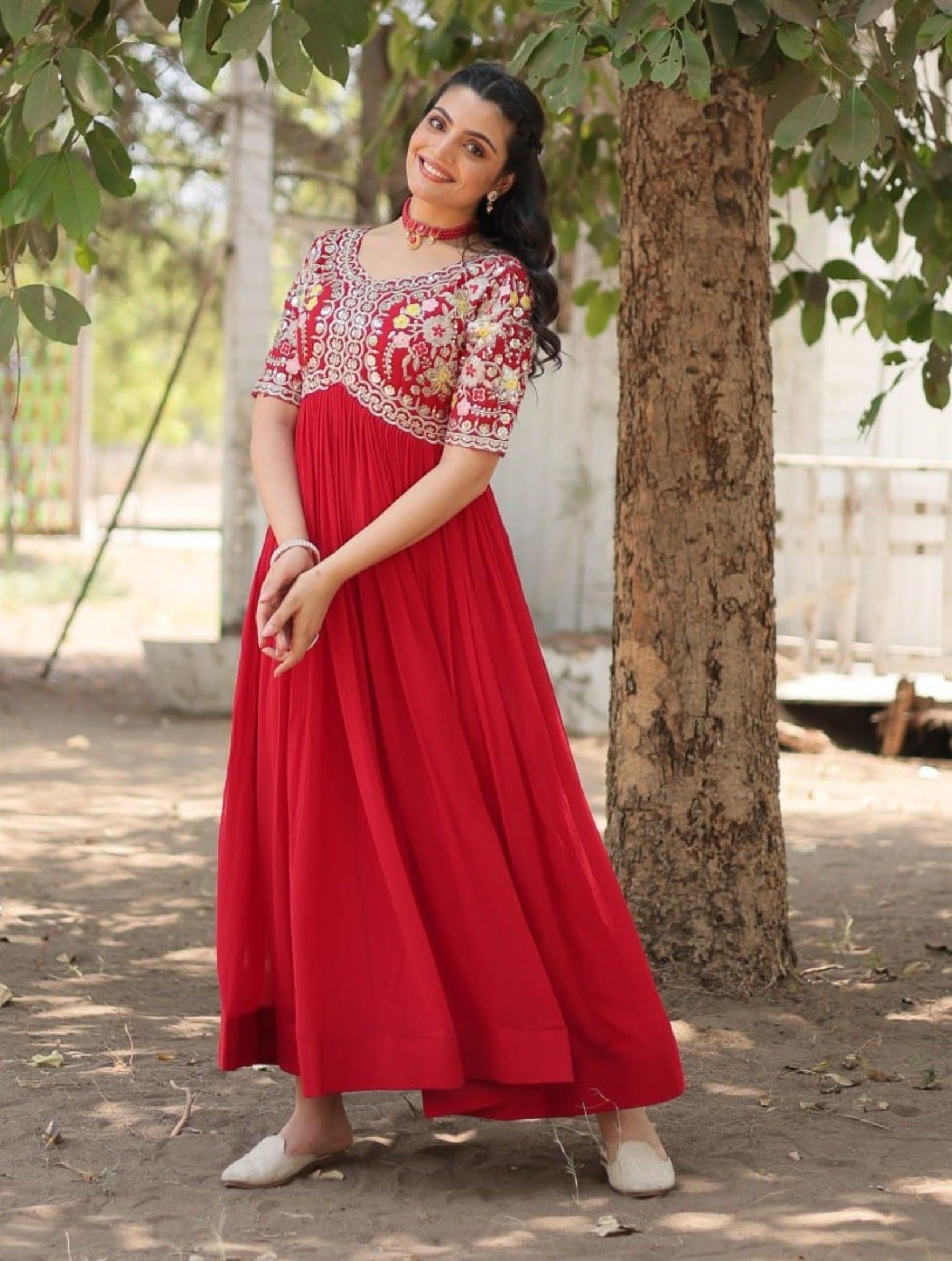 Full flared Georgette base Embroidered Red Gown Sale Outlet Locations