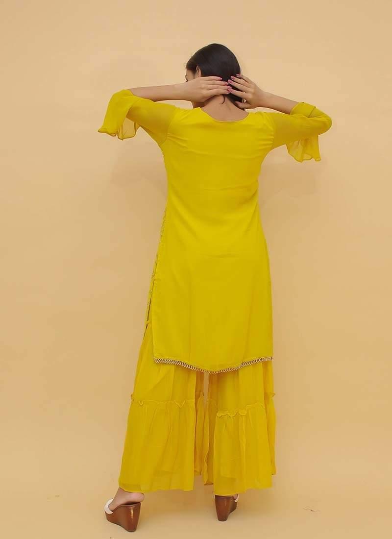 Shining Yellow Color Circular Flounce Sleeves Sequins Work Sharara Salwar Suit New For Sale