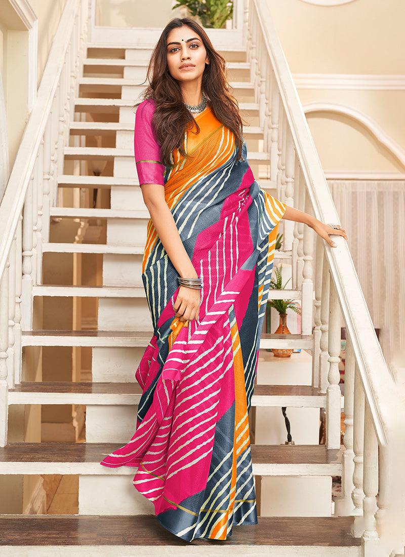 Charming Pink Color Silk Base Printed Saree With Matching Blouse Nicekicks Online