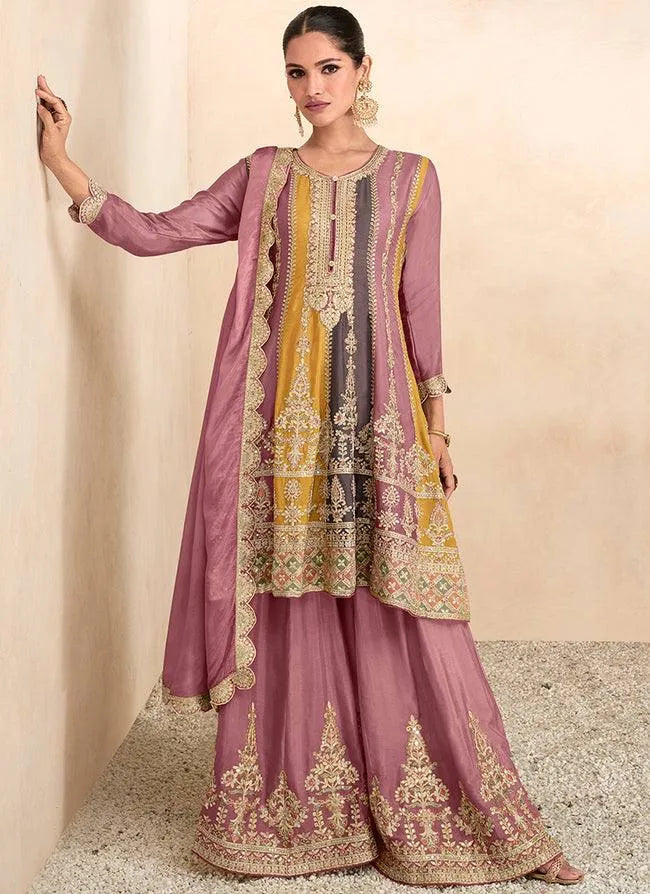 Mesmeric Mauve Multi Embroidered Chinon Palazzo Suit Sale 100% Authentic