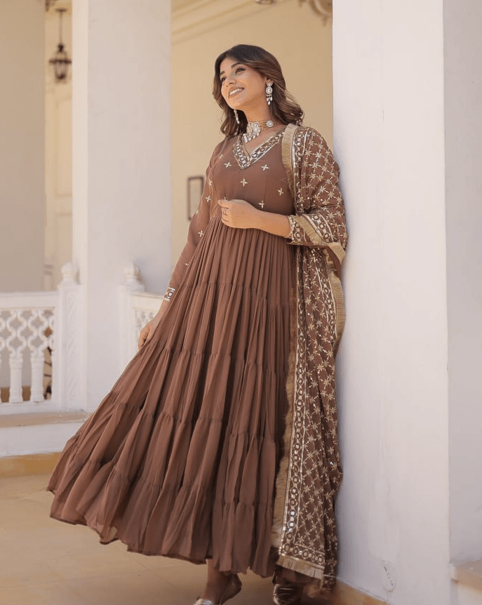 Brown Georgette readymade ruffled gown with dupatta Buy Cheap Manchester