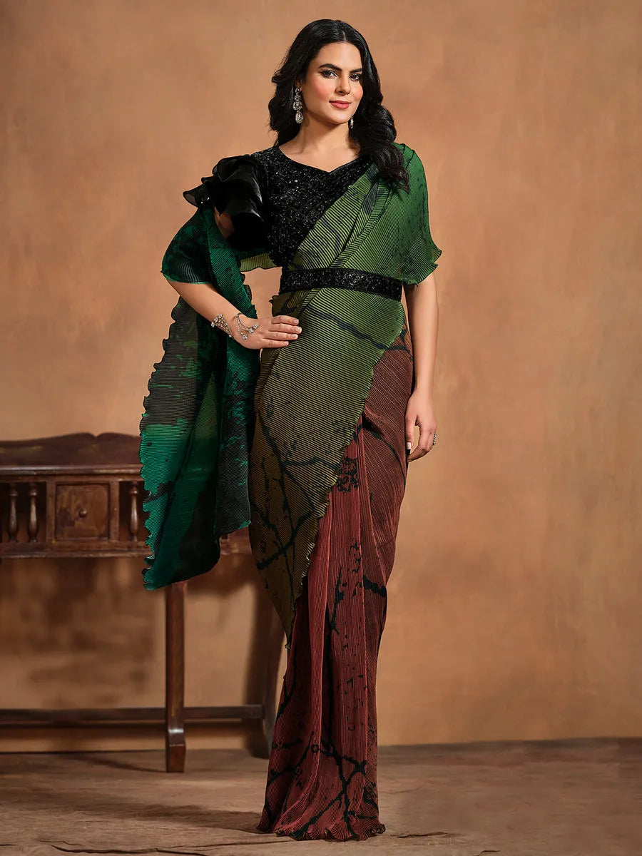 Magical Dark Green Pure Satin Silk Ready To Wear Printed Saree Official Site For Sale