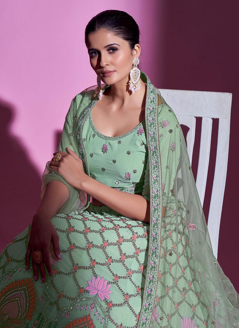 Embroidered Pista Green Heavy Lehenga Sast For Sale