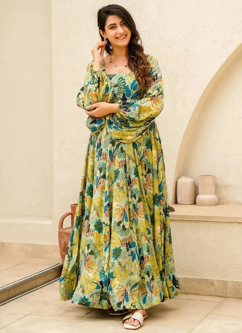 Multi Colored Digital Printed Fully Flared Gown Get Authentic For Sale