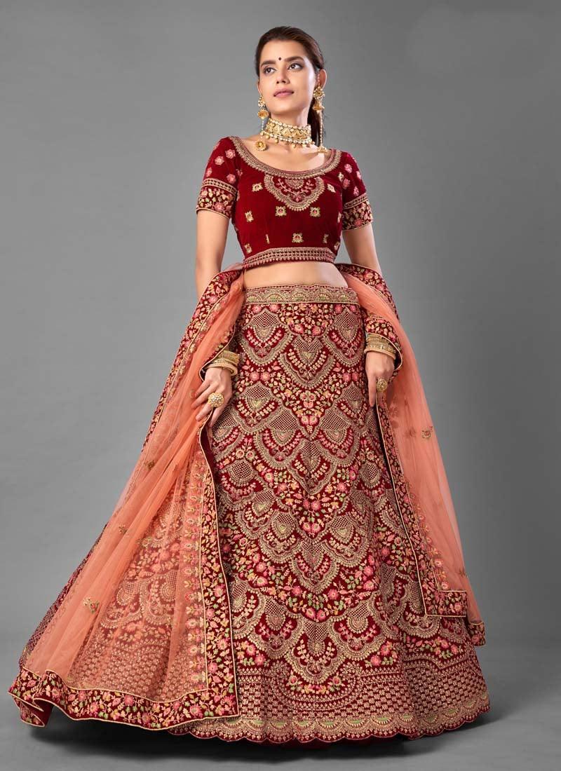 Velvet Fabric Resham And Dori Work Maroon Color Lehenga Choli Cheap Sale Enjoy