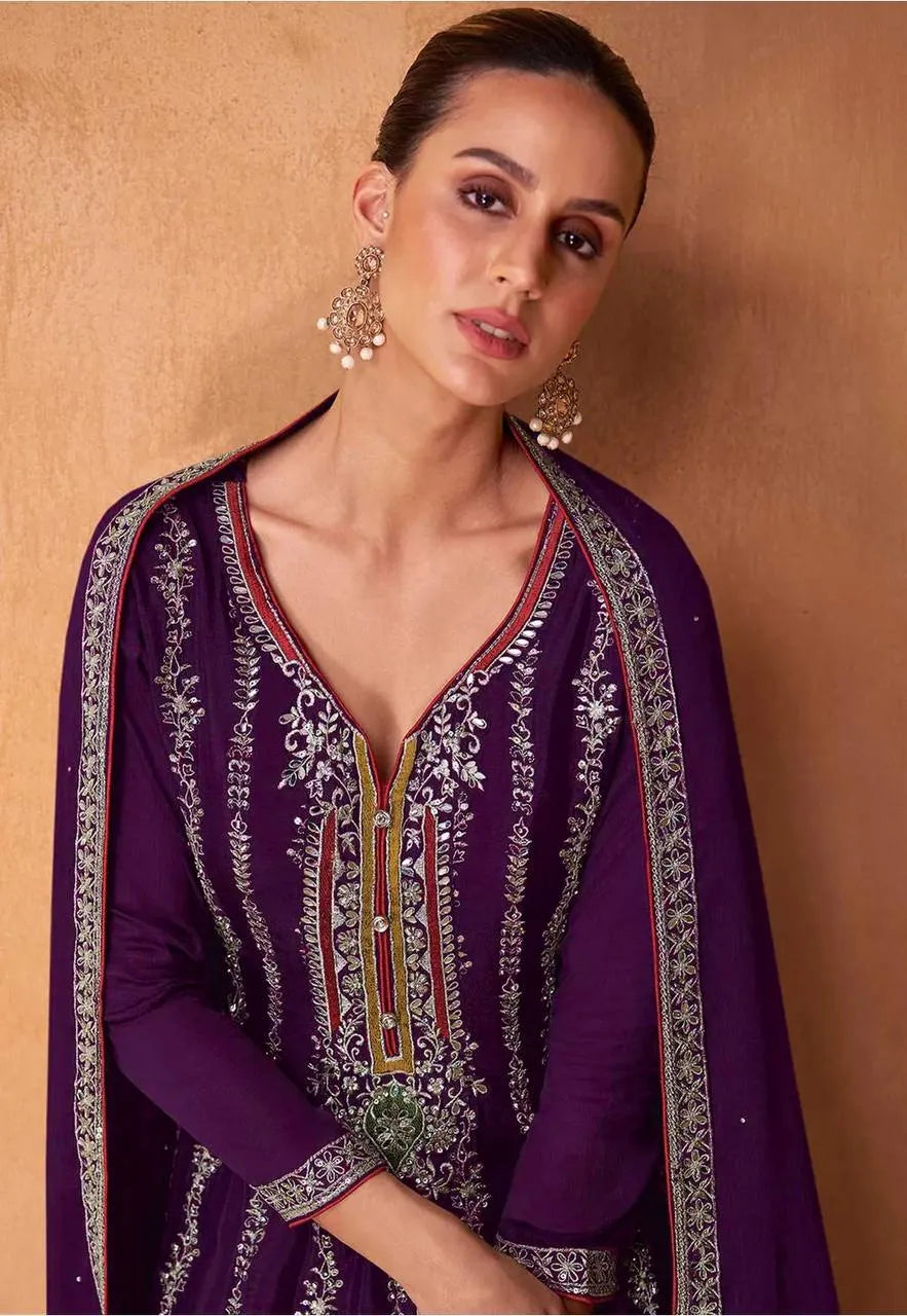 Passionate Purple Chinon Embroidered Palazzo Suit Free Shipping Top Quality