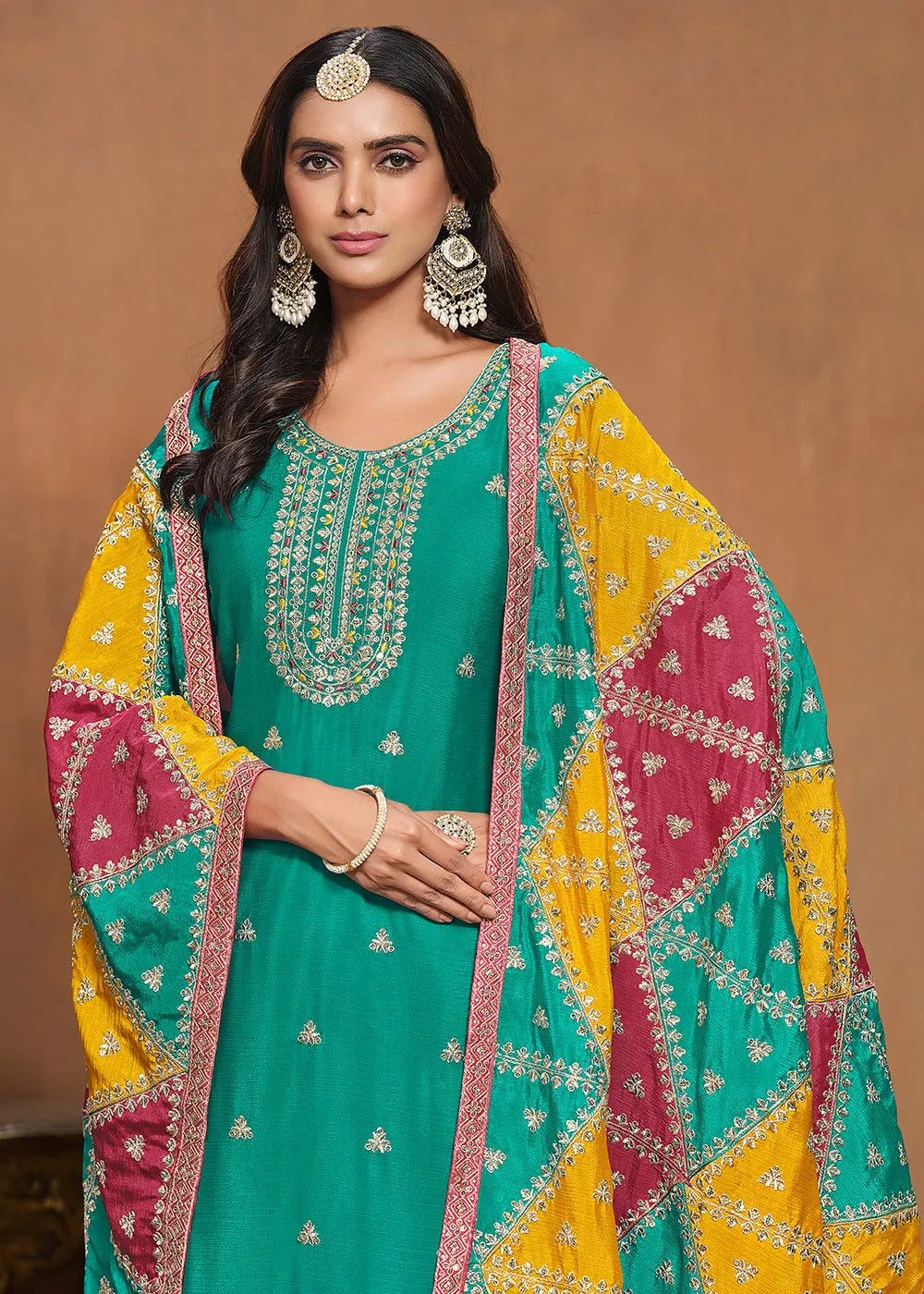 Glowing and Dazzling Chinon Silk Turquoise Salwar Suit Official Cheap Online