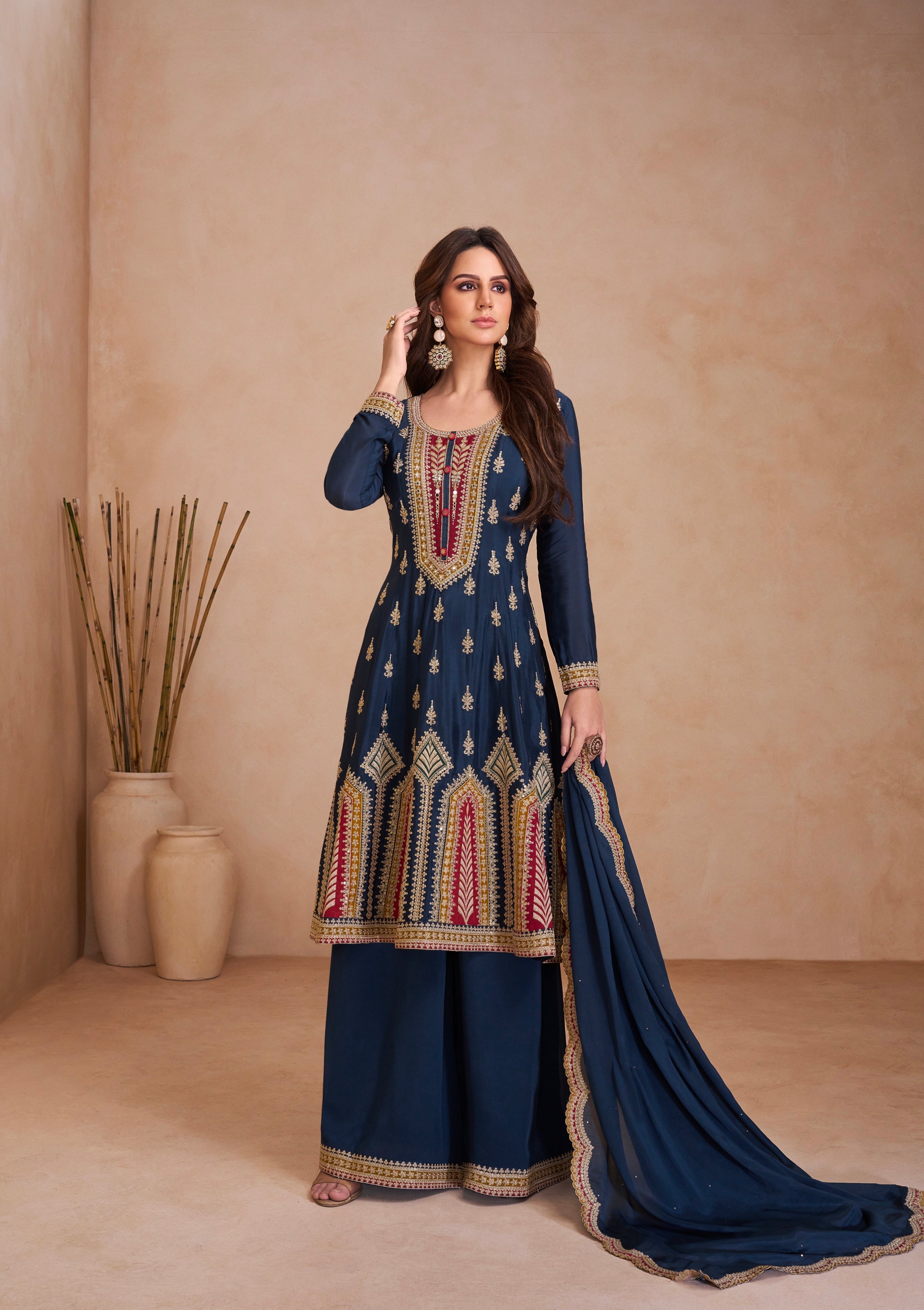 Blazing Navy Blue Embroidered Chinon Palazzo Set Discount For Cheap