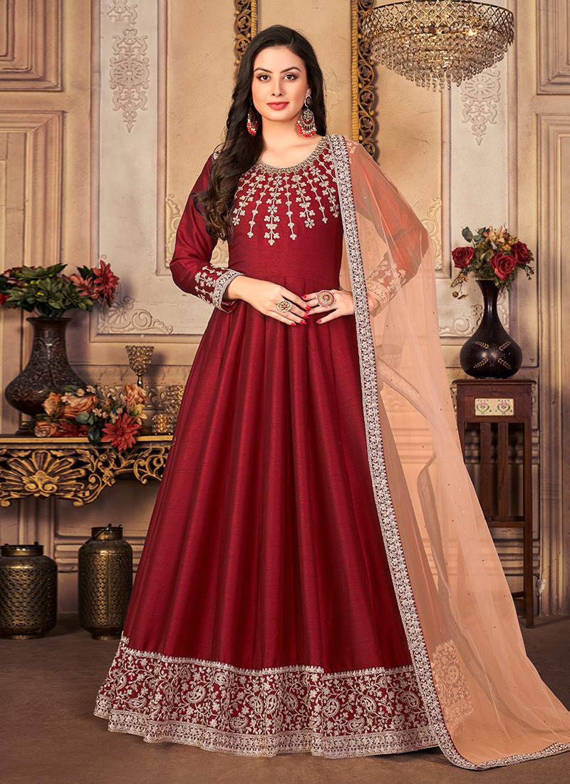 Art Silk Maroon Embroidered Gown Sale Top Quality