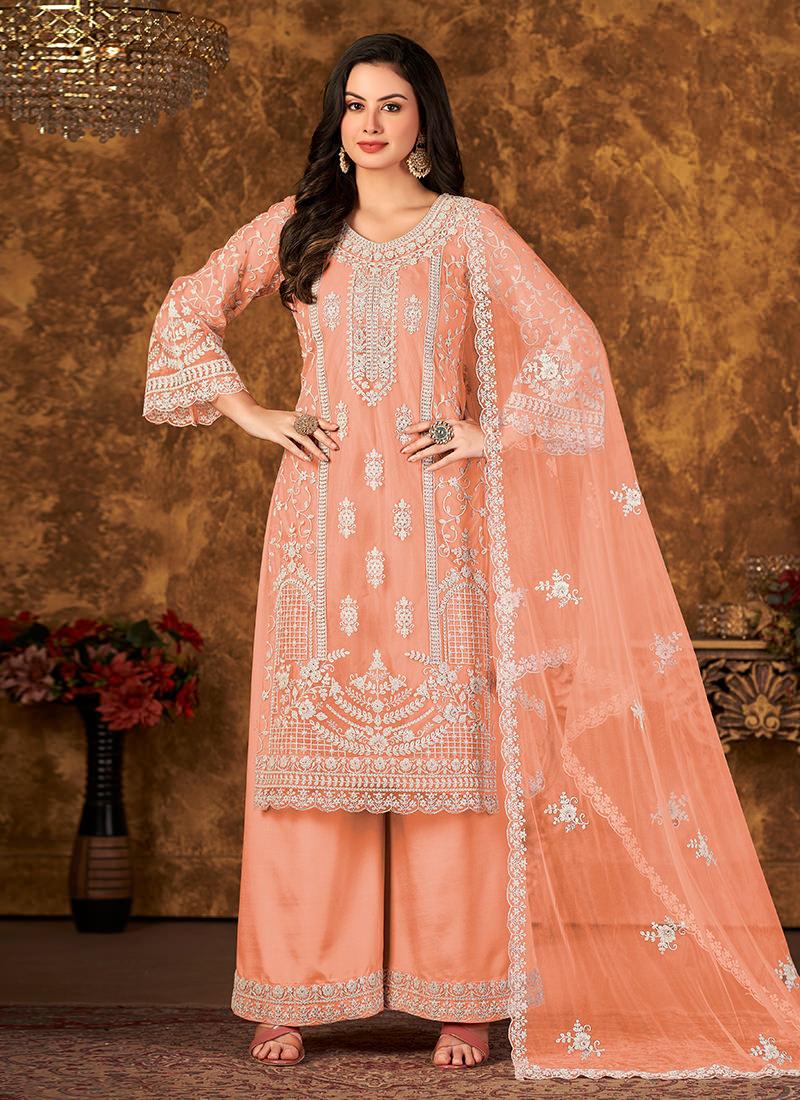 Peach Color Bell Sleeves Palazzo Salwar Suit Clearance Websites