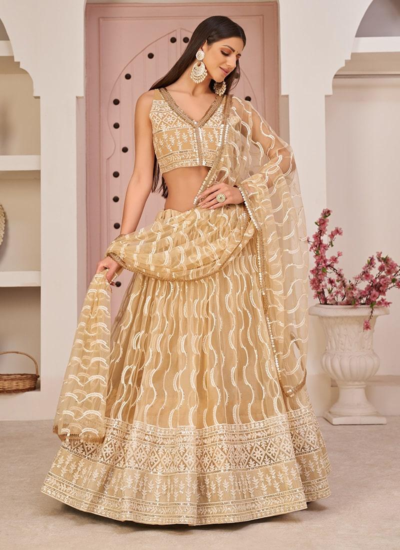 Beige Color Soft Net Fabric Sequins Work Occasion Wear Lehenga For Nice For Sale