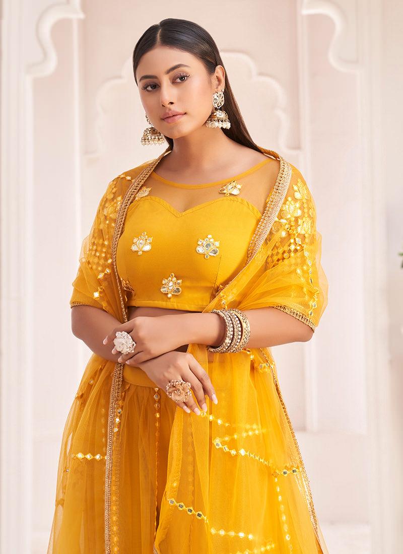 Mustard Yellow Soft Net Wedding Lehenga Discount Original