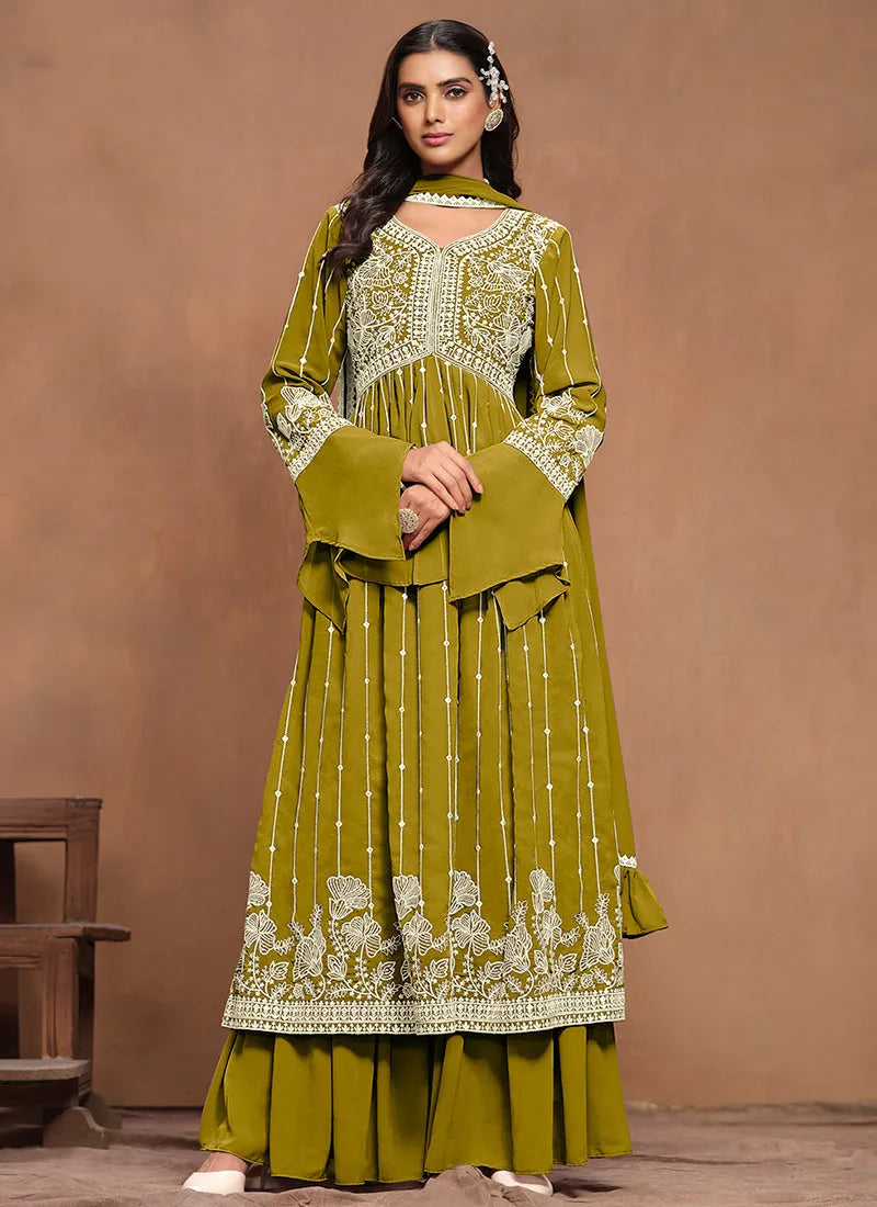 Mesmerizing Olive Green Embroidered Kurta Palazzo Suit Outlet Shop