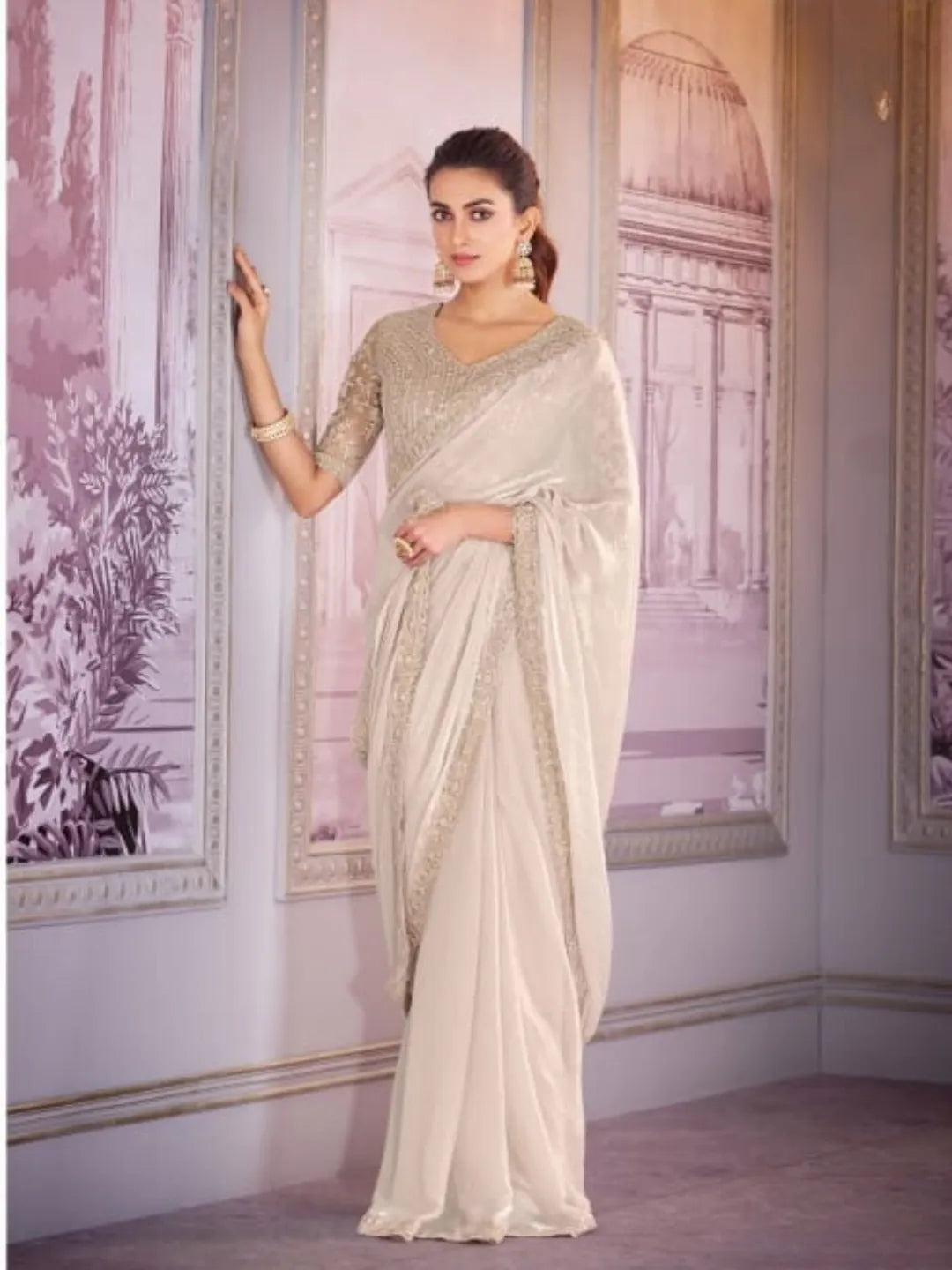 Outstanding Off-White Satin Organza Embroidered Saree Latest Collections Sale Online