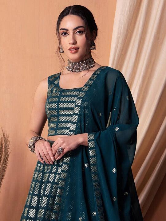 Teal Georgette Sequinned Flared Lehenga Choli Buy Cheap Latest