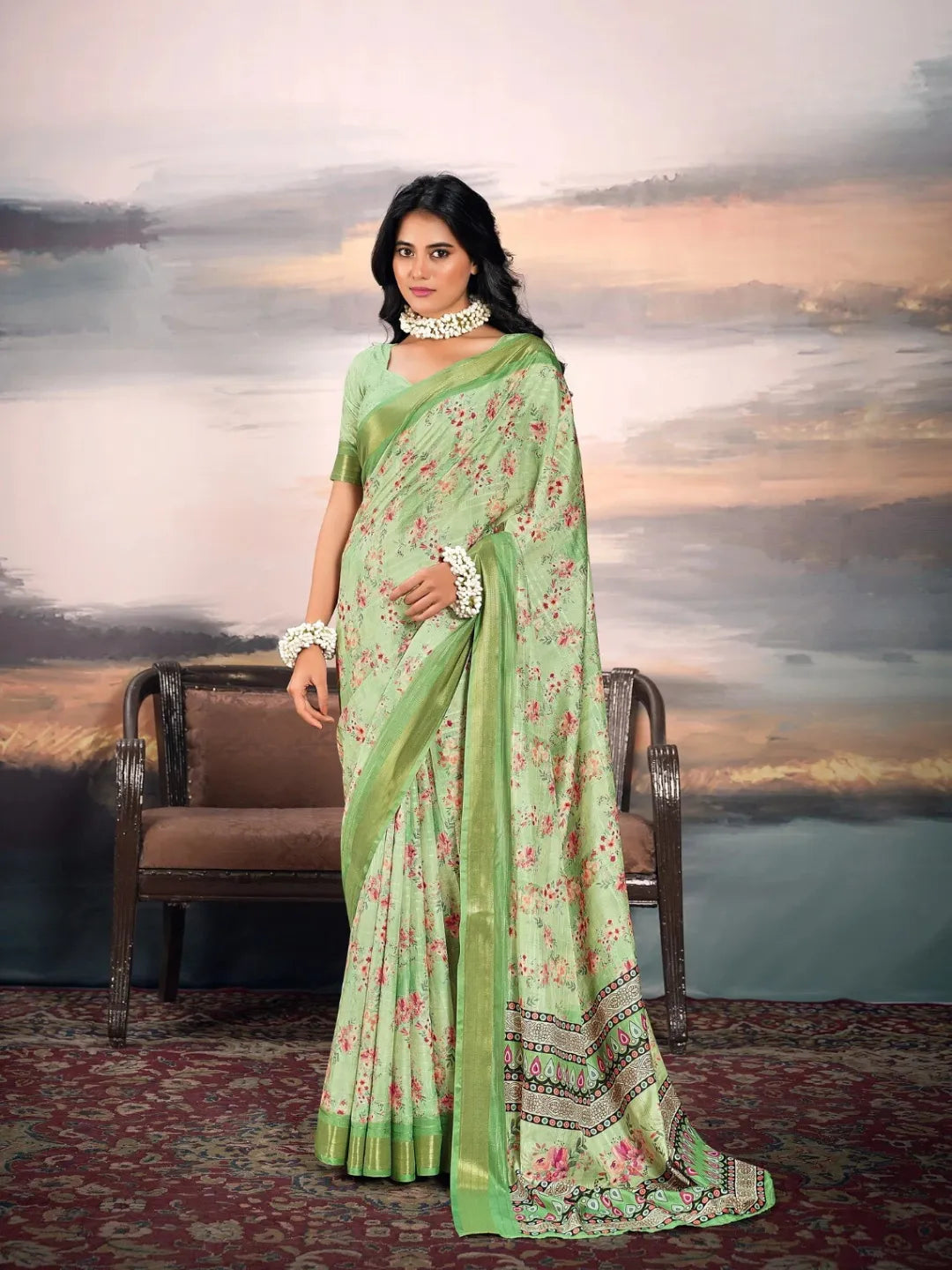 Elegant Parrot Green Cotton Silk Digital Printed Saree Discount Cheap Online