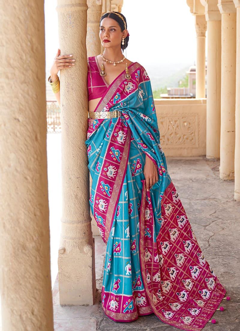 Plunging Neck Sky Blue Patola Saree Free Shipping