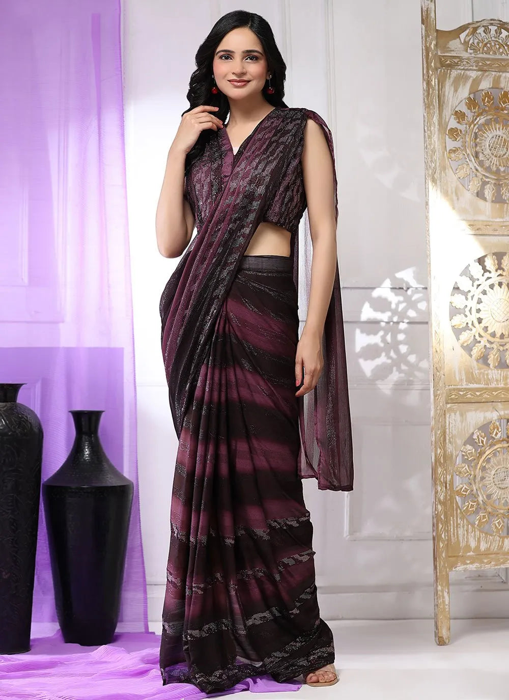 Wine Pure Satin Silk Stone Worked Ready To Wear Saree Wiki Cheap Pice