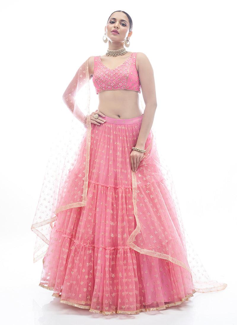 Rubber Print Baby Pink Net Chaniya Choli Discount Sale Online