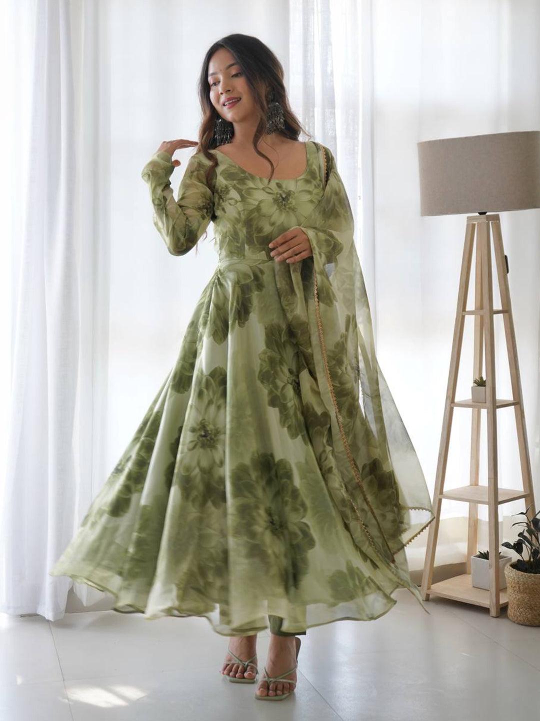 Printed green floral gown with dupatta Big Sale Sale Online