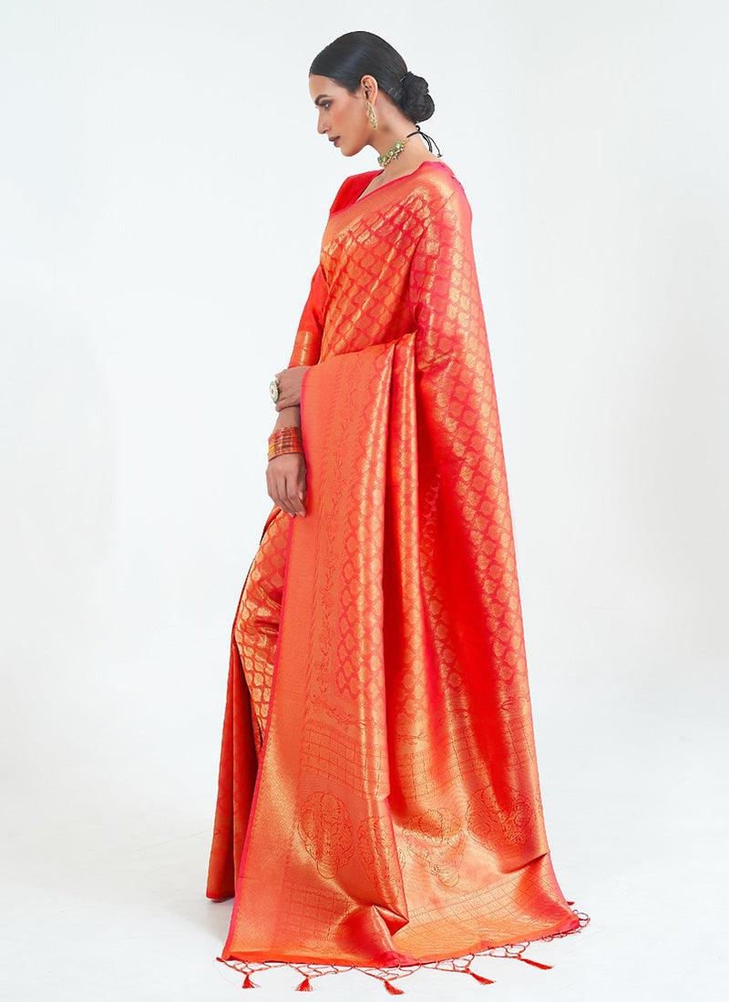 Occasion Wear Red Color Silk Material Silk Weave Embroidered Saree Shipping Outlet Store Online