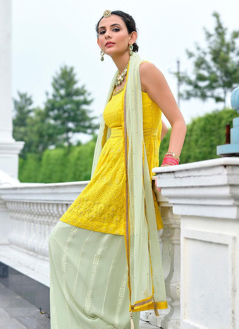 Yellow Color Georgette Base Resham Work Sleeveless Salwar Kameez Discount Many Kinds Of