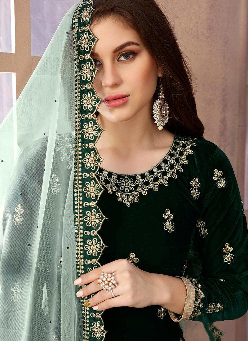 Green Velvet Embroidered Patiala Suit Pay With Paypal Cheap Online