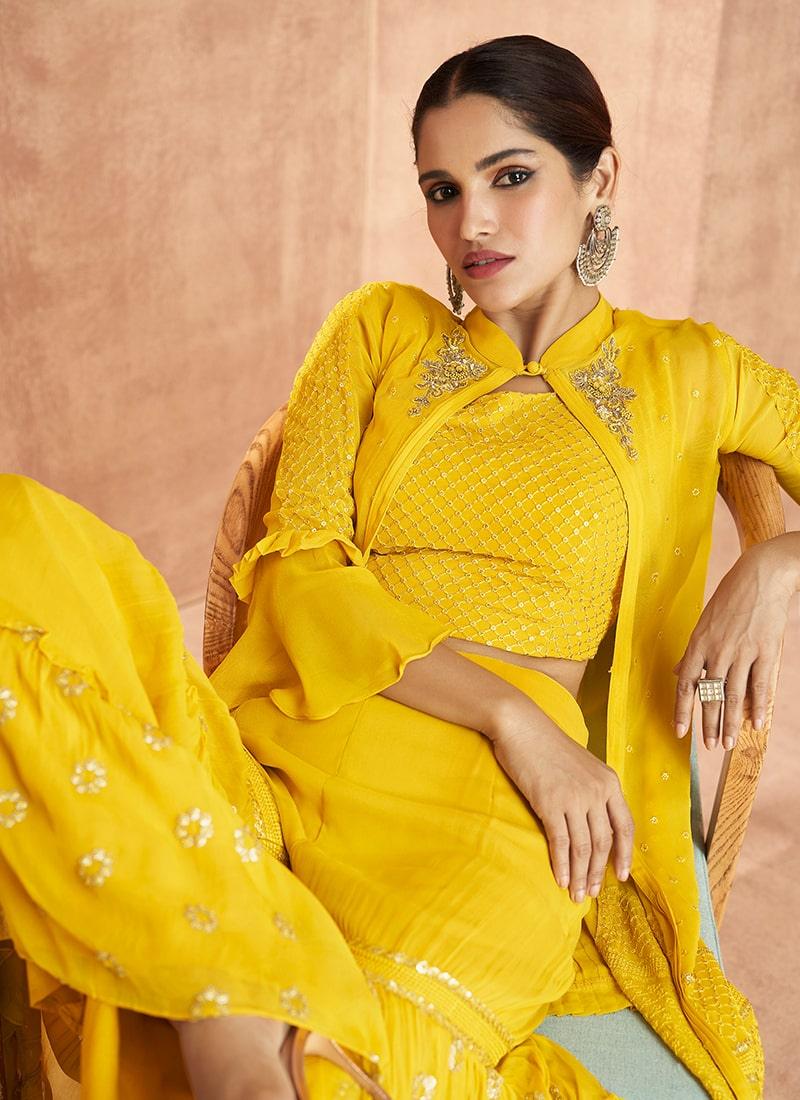 Partywear Yellow Color Georgette Fabric Sequins Work Sharara Suit Visit