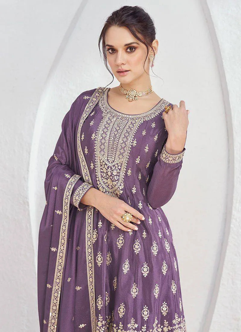 Glowing Lavender Chinon Embroidered Palazzo Suit Supply Cheap Pice