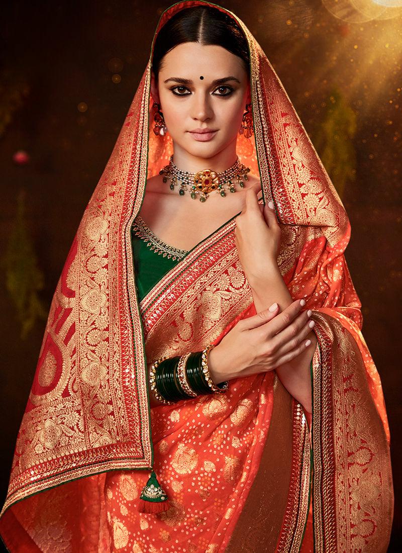 Embroidered Blouse With Orange Bandhej Saree Cheap Sale Discounts