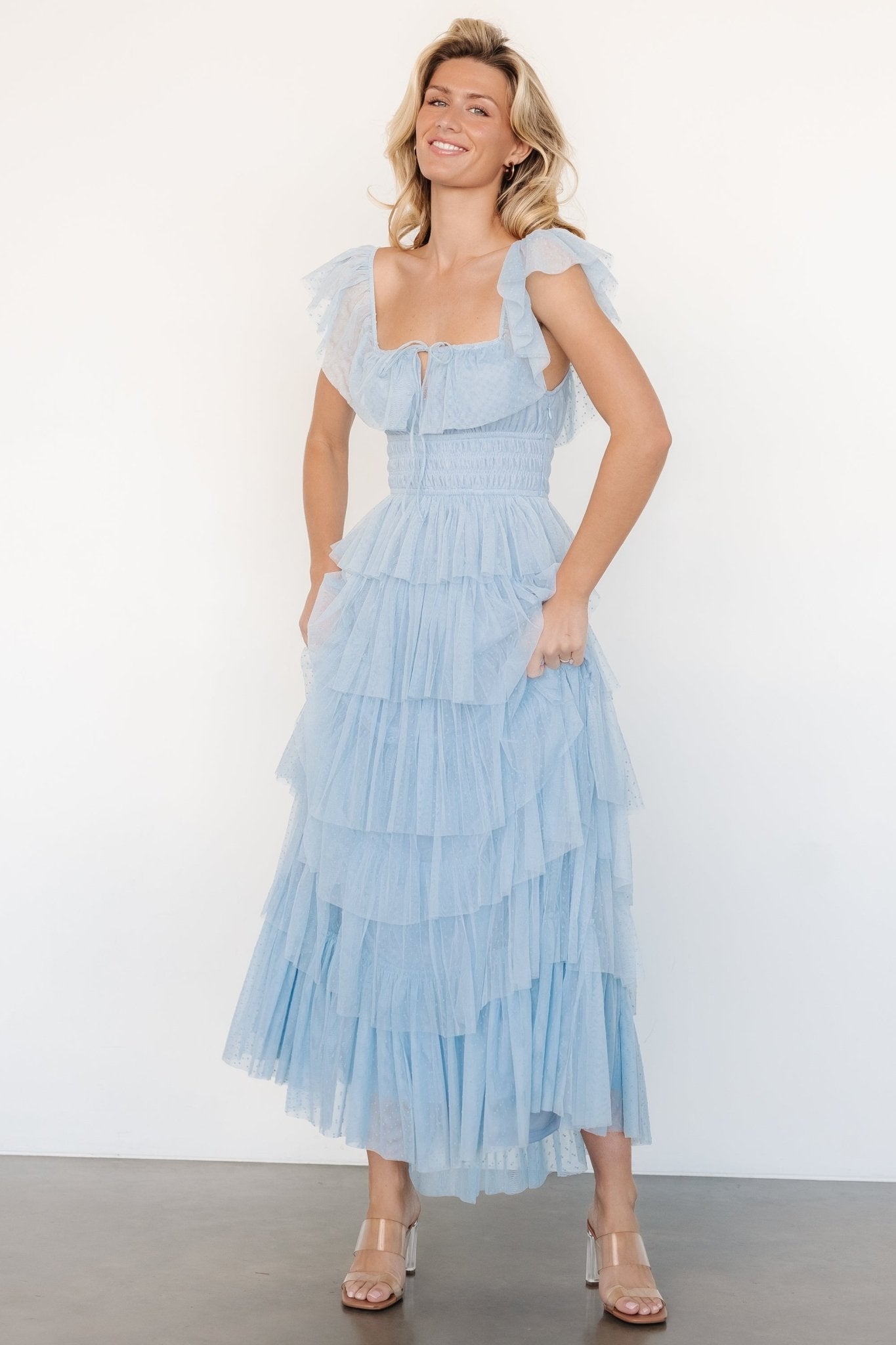 Valora Swiss Dot Tulle Maxi Dress | Light Blue Outlet Buy