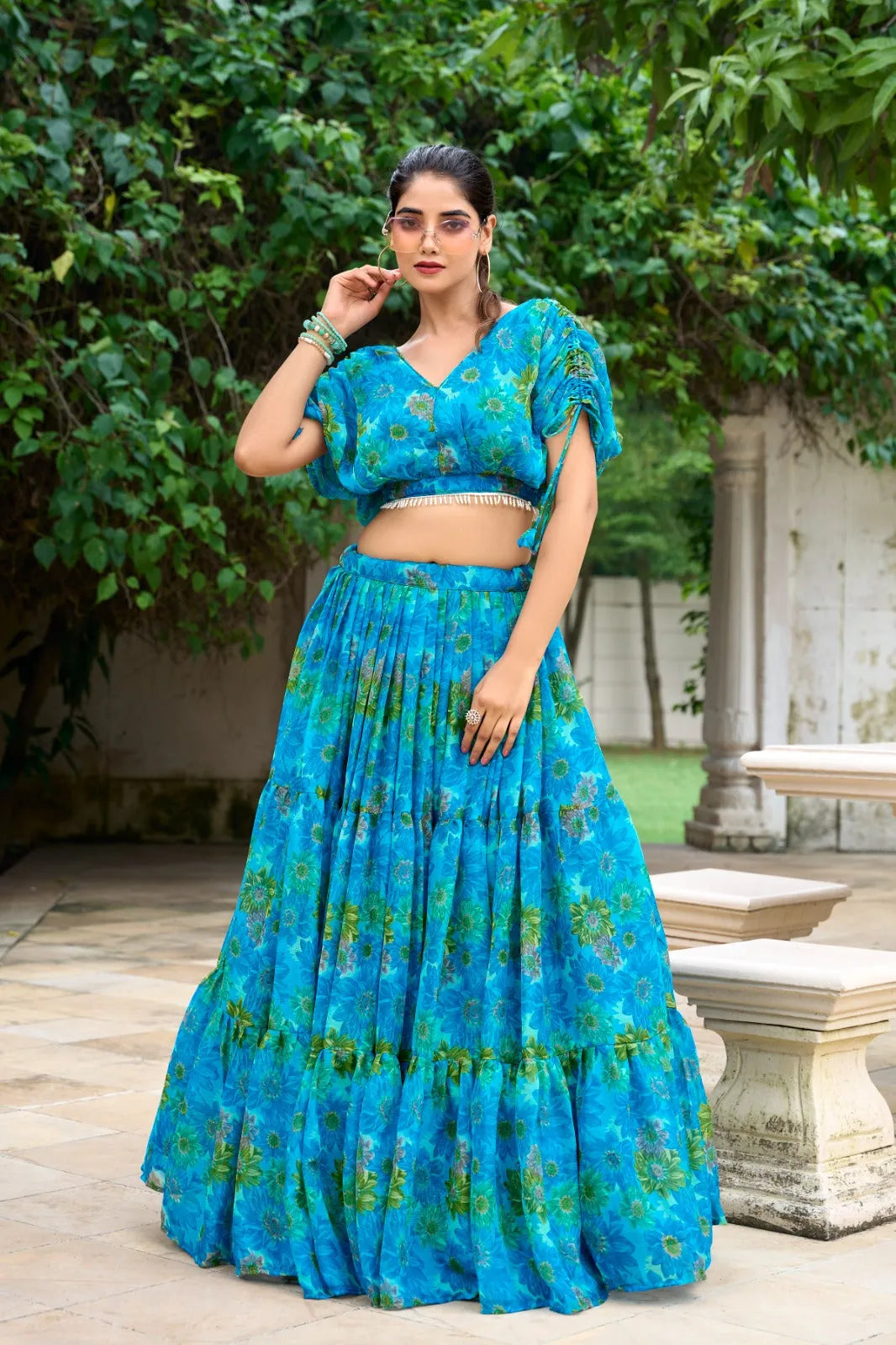 Dreamlike Chiffon Sky Blue Floral Printed Lehenga Choli Sale Official