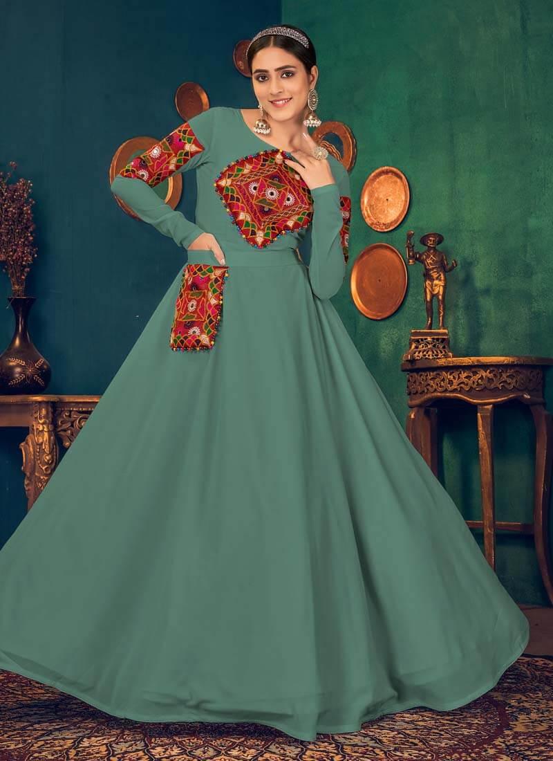 Beautiful Look Green Color Georgette Base Embroidery Work Navratri Gown 2025 Newest Online