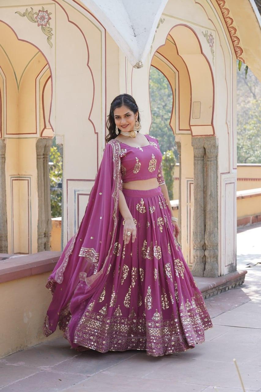 Reddish Magenta Faux Georgette Heavy Sequins Embroidered Lehenga Choli Set Top Quality For Sale