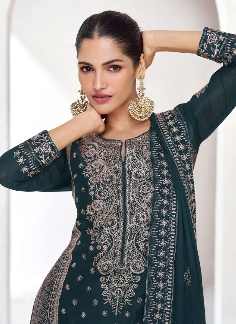 Trendy Black Embroidered chinon palazzo suit Fake Cheap Online