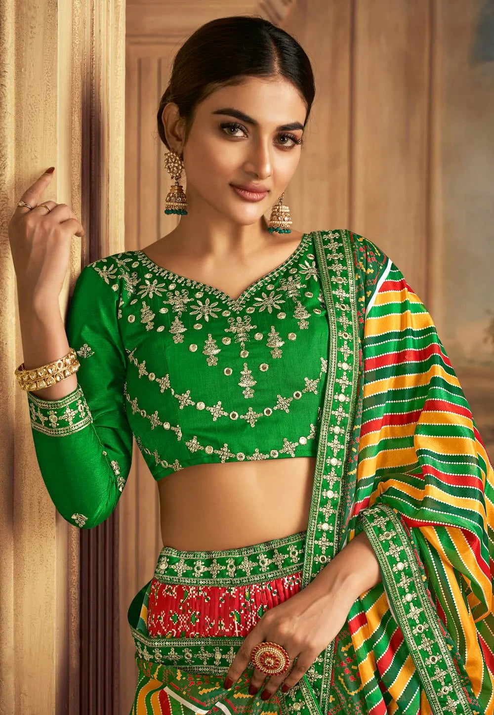 Fantastic Gaji Silk Green-Red Patola Printed Lehenga Choli Best Place Sale Online