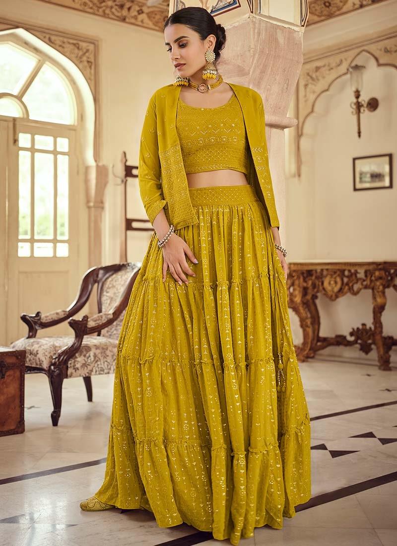 Mustard Yellow Color Sequined Work Georgette Fabric Lehenga Choli Buy Cheap Reliable