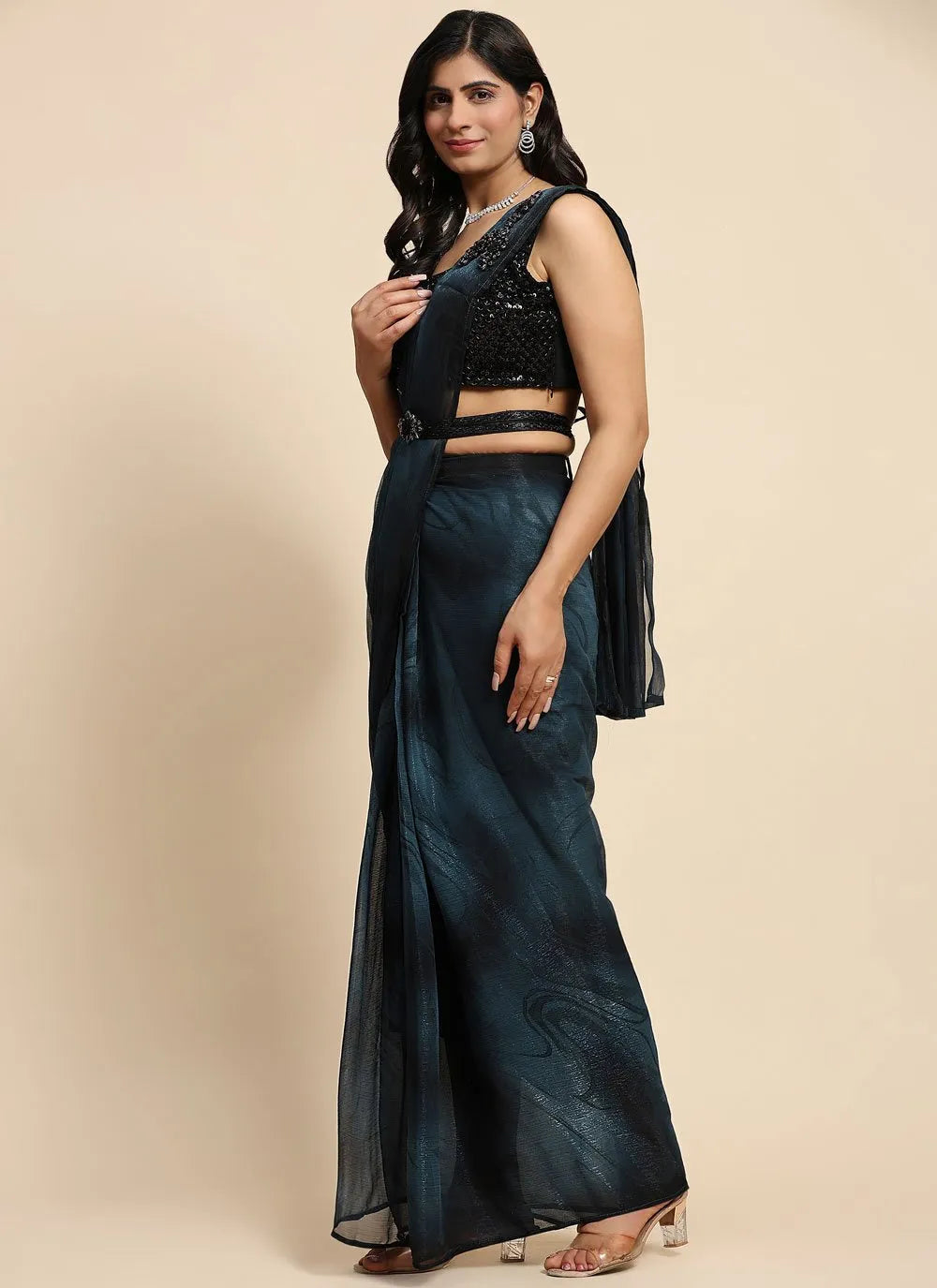 Tealish Blue Imported Chiffon Ready To Wear Saree With Credit Card Free Shipping