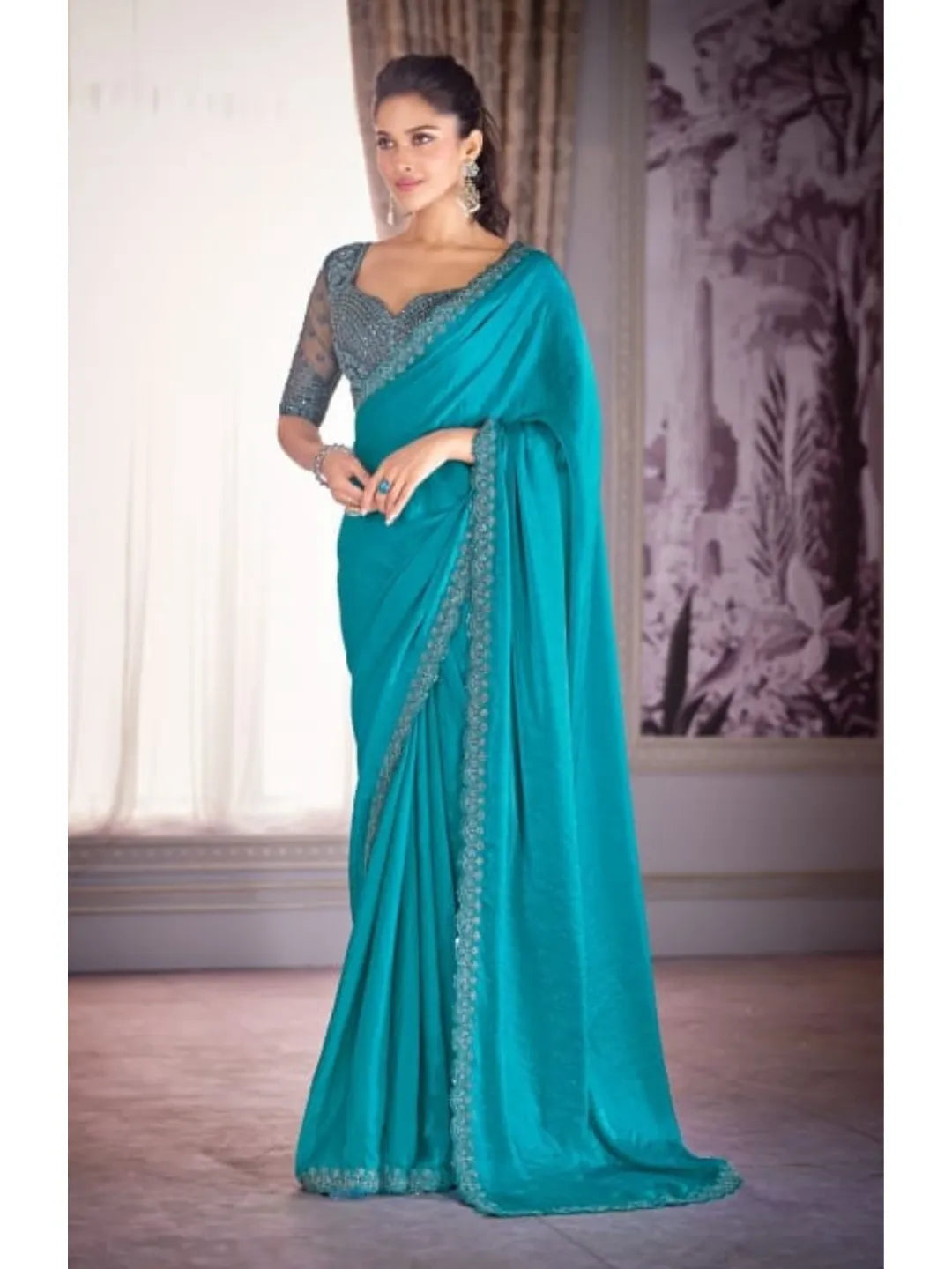 Comforting Sky Blue Satin Organza Embroidered Saree New Arrival For Sale