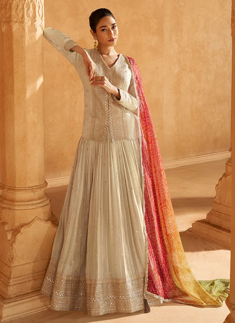 Beautiful Ivory Beige Embroidered Designer Lehenga Kurta Online Online Free Shipping