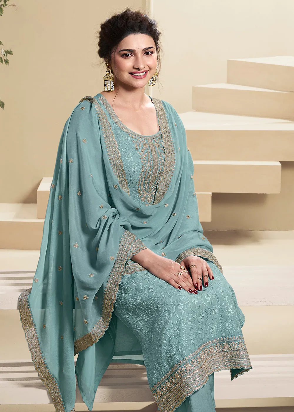 Sea Blue Schiffli Embroidered Designer Organza Straight Suit Low Pice Sale Online