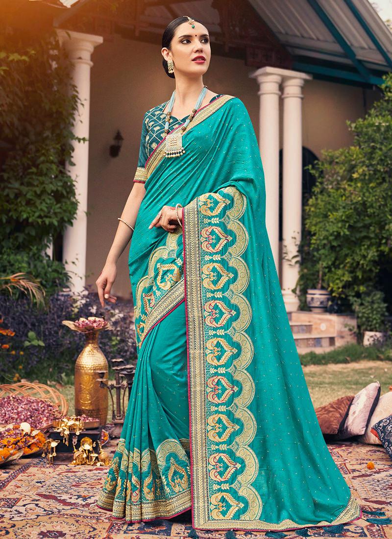 Turquoise Embroidered Traditional Saree Sale Footlocker