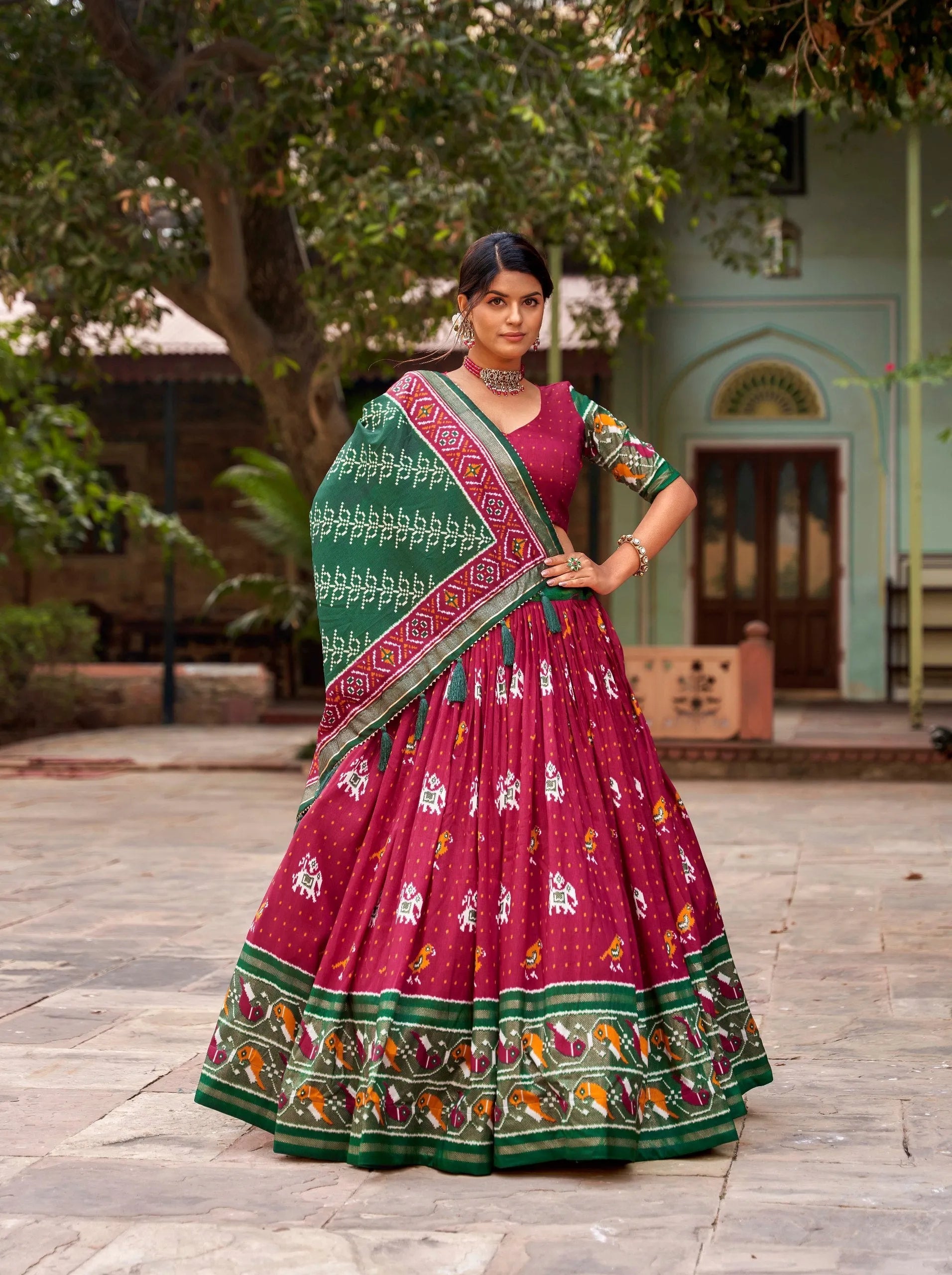 Dazzling Red Tussar Silk Patola Printed Foil Worked Lehenga Choli Clearance Recommend