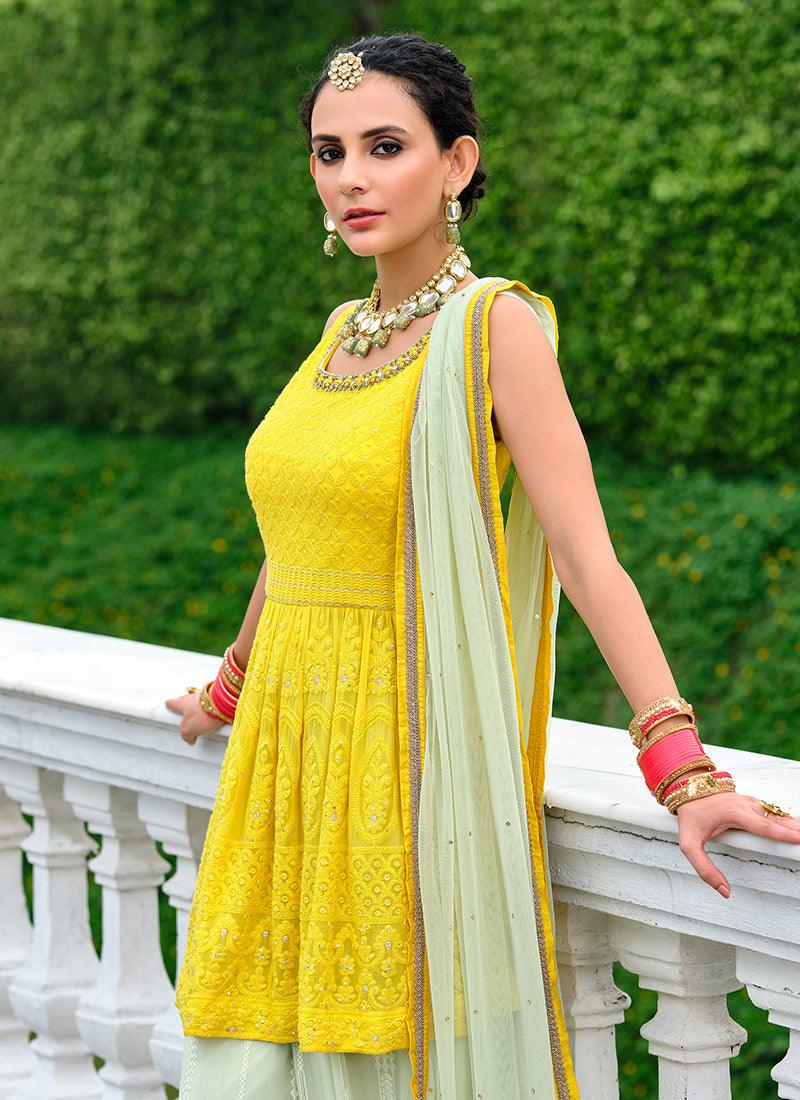 Yellow Color Georgette Base Resham Work Sleeveless Salwar Kameez Discount Many Kinds Of